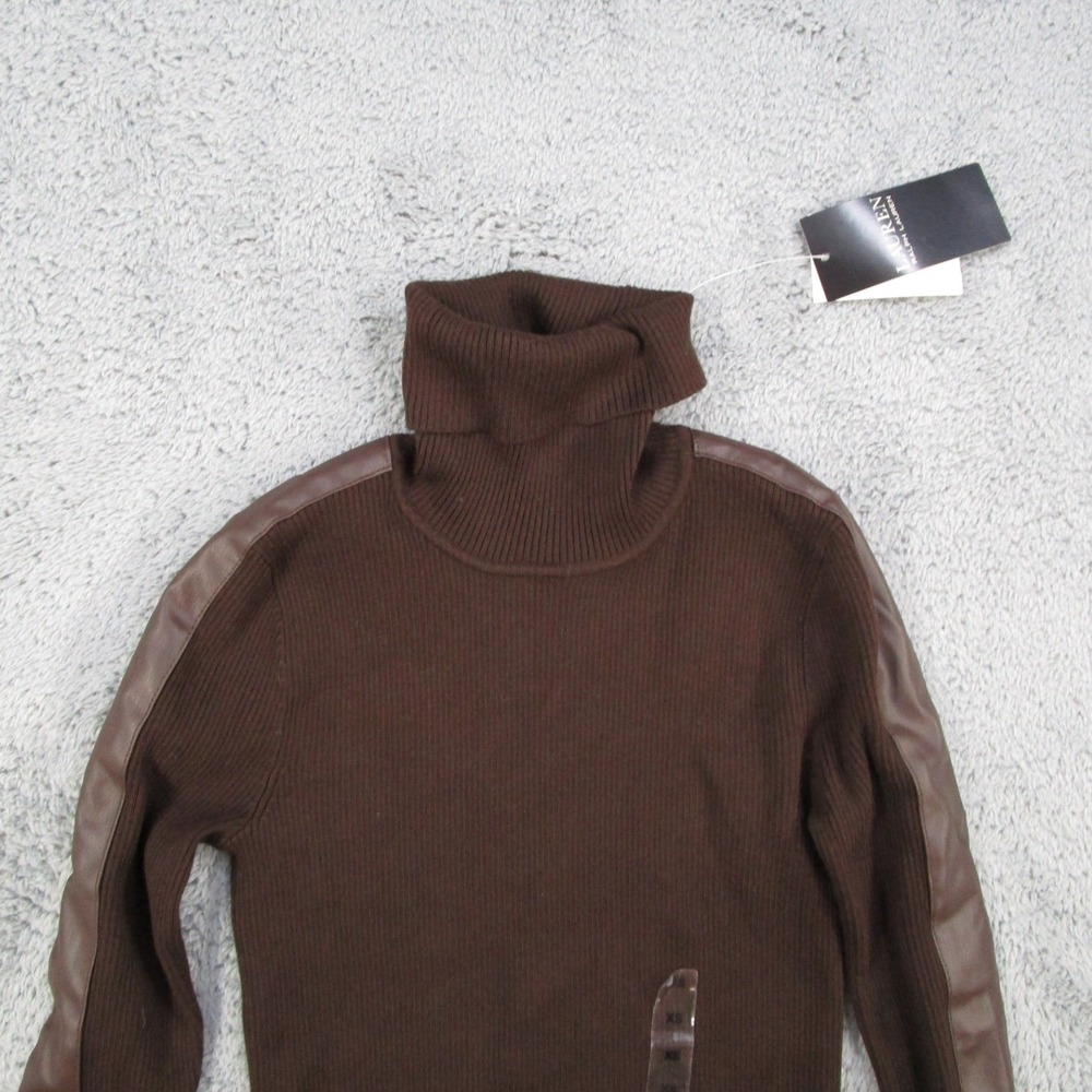 Lauren Ralph Lauren Brown Ribbed Turtleneck Faux Leather Trim Sweater XS NEW